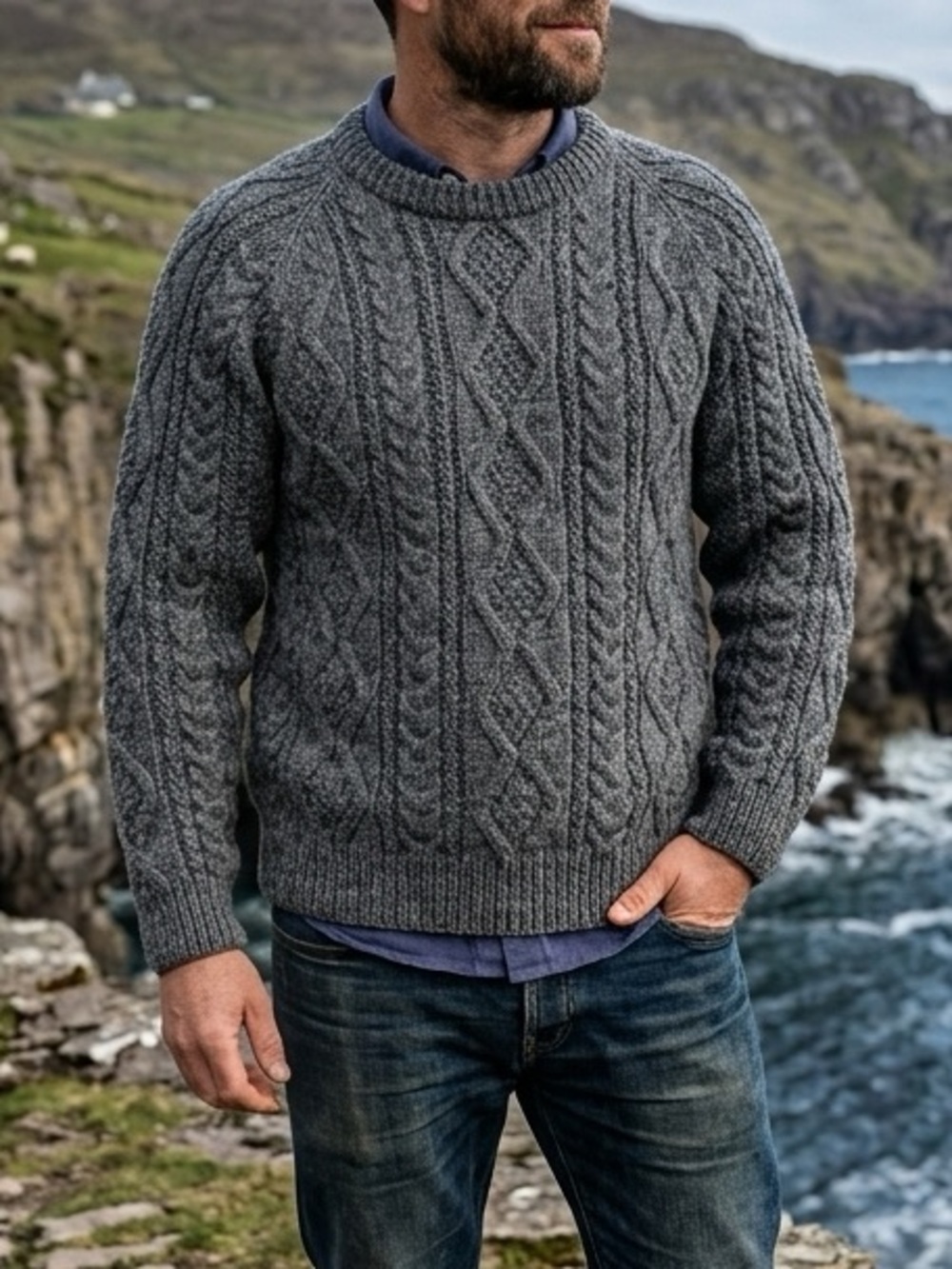 Home Knit Heathered Grey Thick Cable Wool Fisherman Men's Sweater